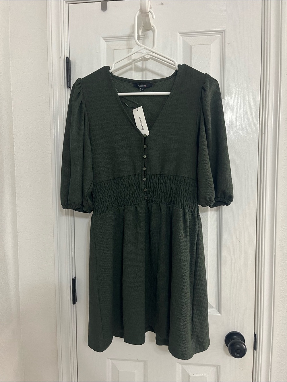 Francesca's Olive Green Ribbed V-Neck Button Dress